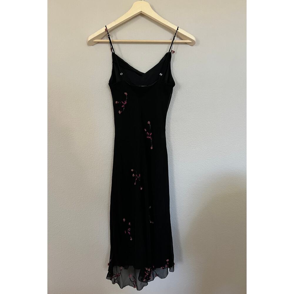 Vintage Betsy Johnson Silk Slip Dress Blk Appliqué Flowers Beaded XS Y2K Rare - Picture 2 of 9